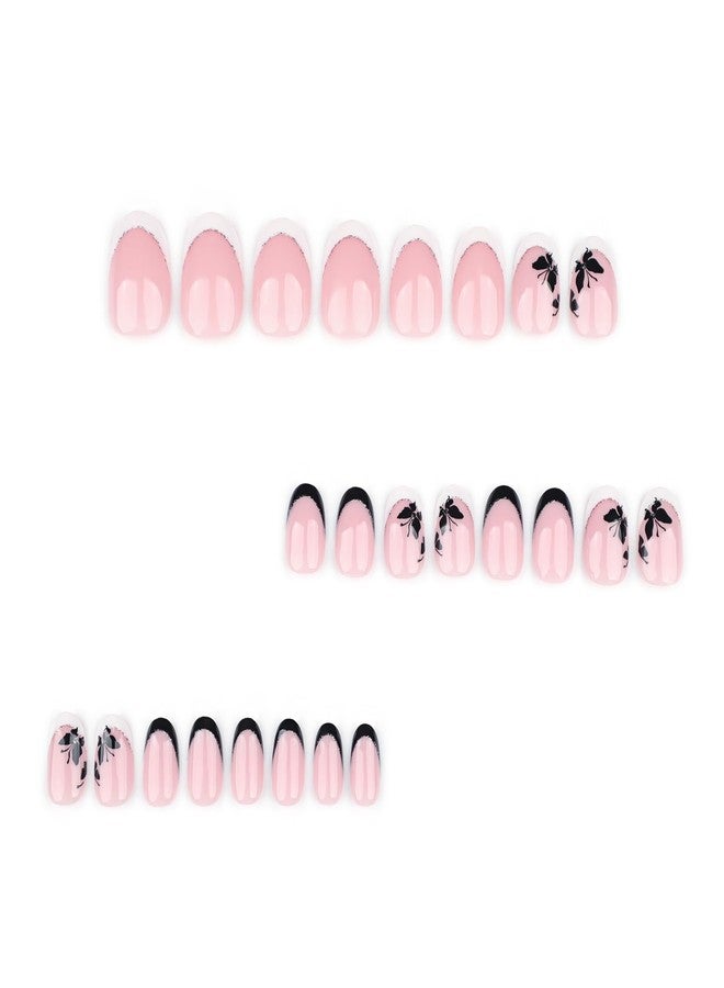 OCOUYVD French Tip Press on Nails Short Oval Fake Nails with White Black Butterfly Design Almond False Nails Sparkling Tips Glue on Nails Acrylic Artificial Stick on Nails Kit for Women Girls 24Pcs - Image 5